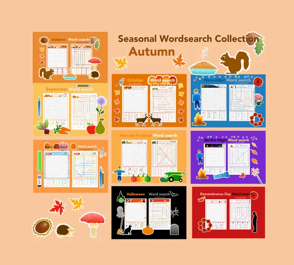 Autumn themed word searches: 9 autumn themed word search worksheets (ages 5-7)
