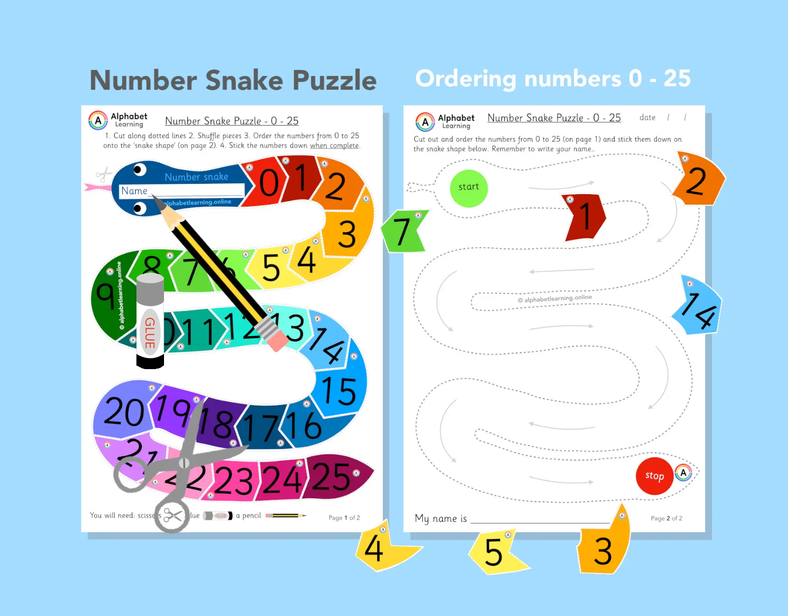 Ordering numbers 0 to 25 - Number Snake