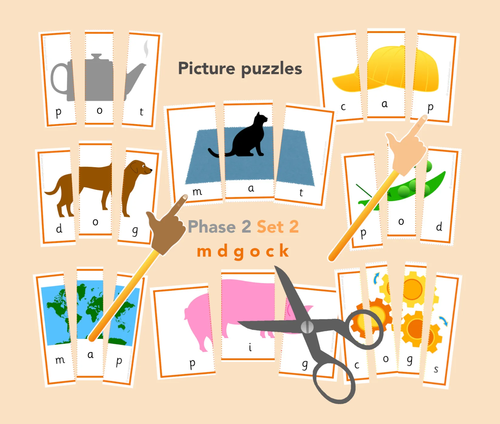 Phonics Phase 2 Word/picture puzzles (m d g o c k)