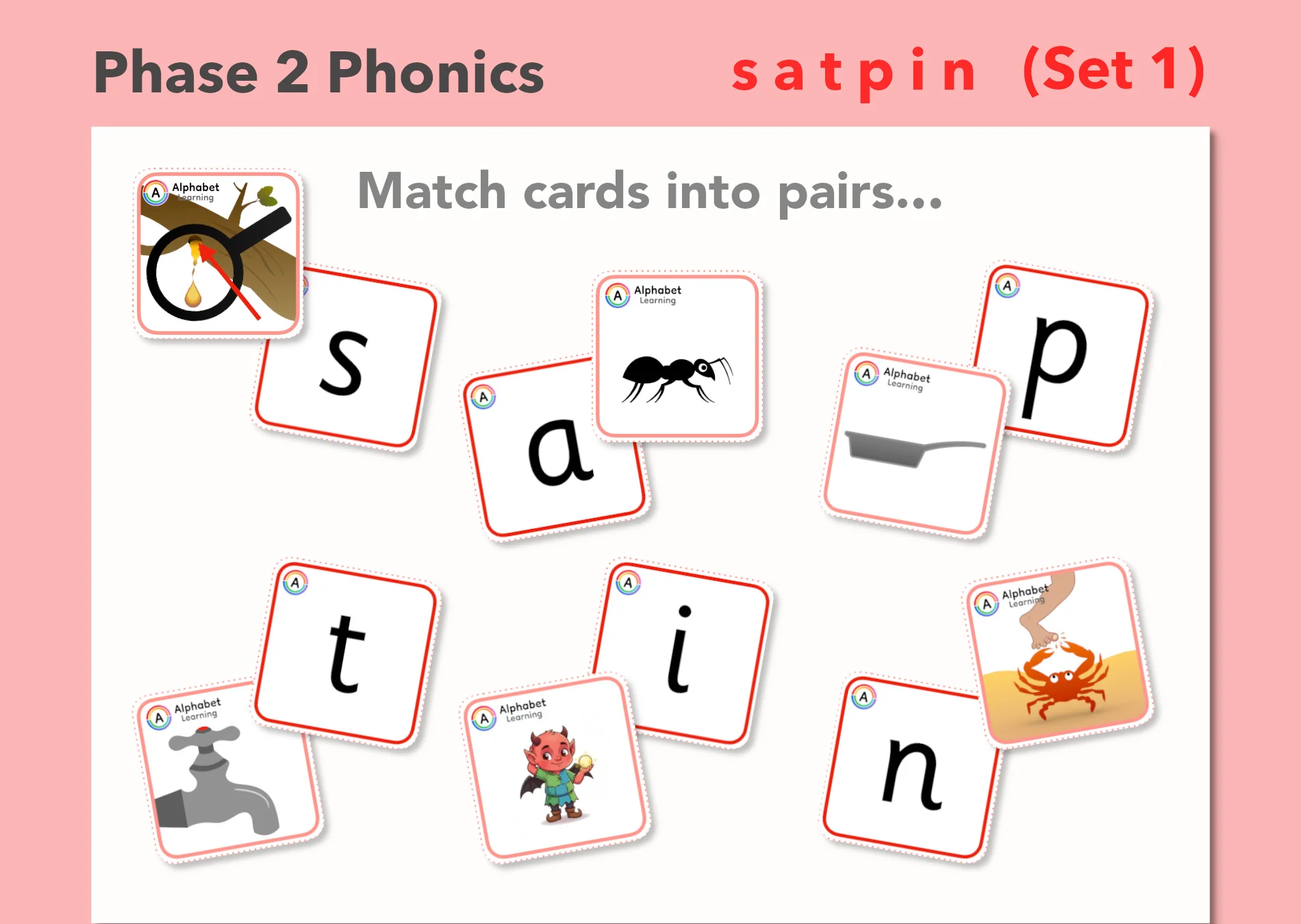 Phase 2 's a t p i n' Grapheme/picture match cards (Set 1/4)