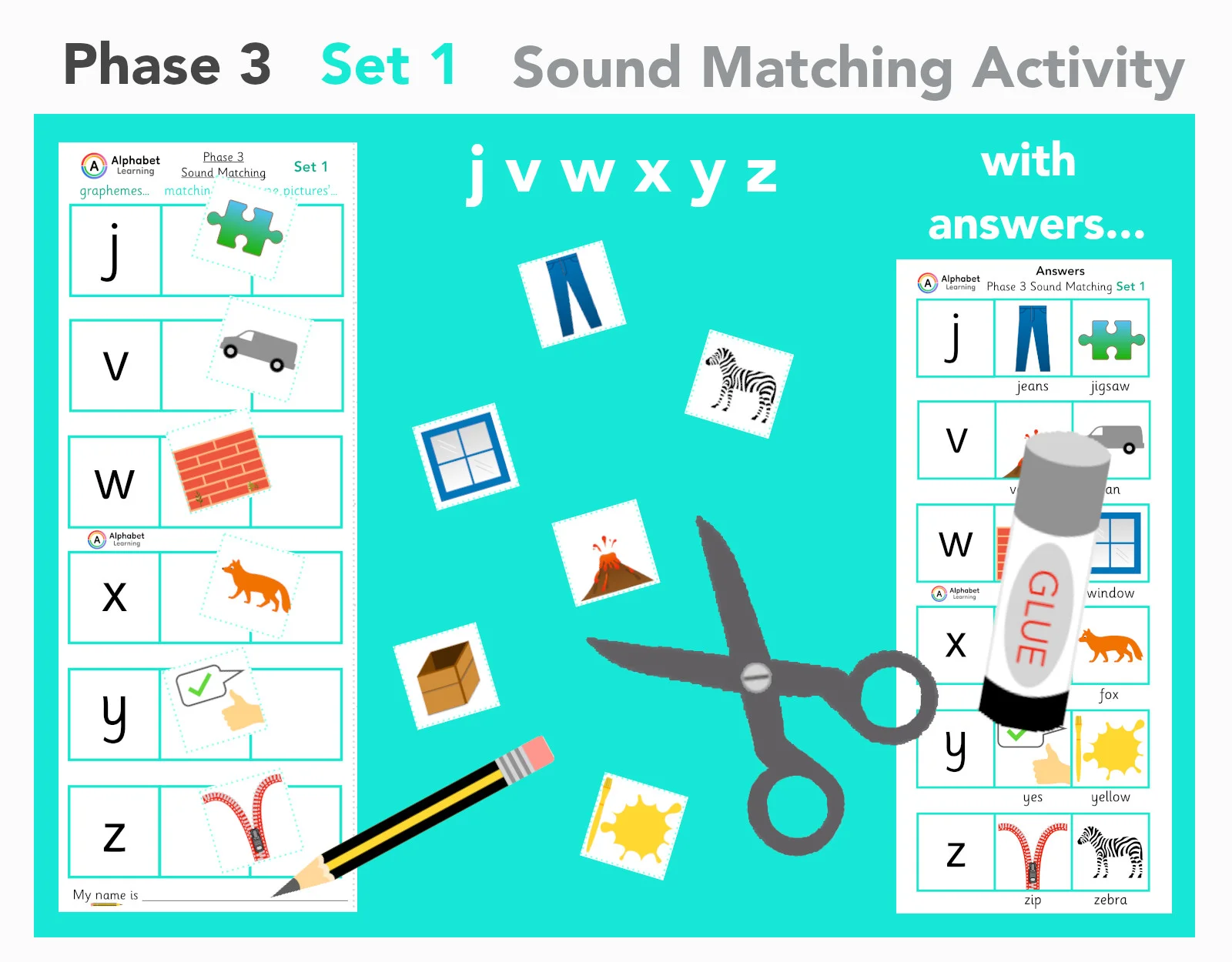 Phase 3 Phonics j v w x y z (set 1 of 5)
