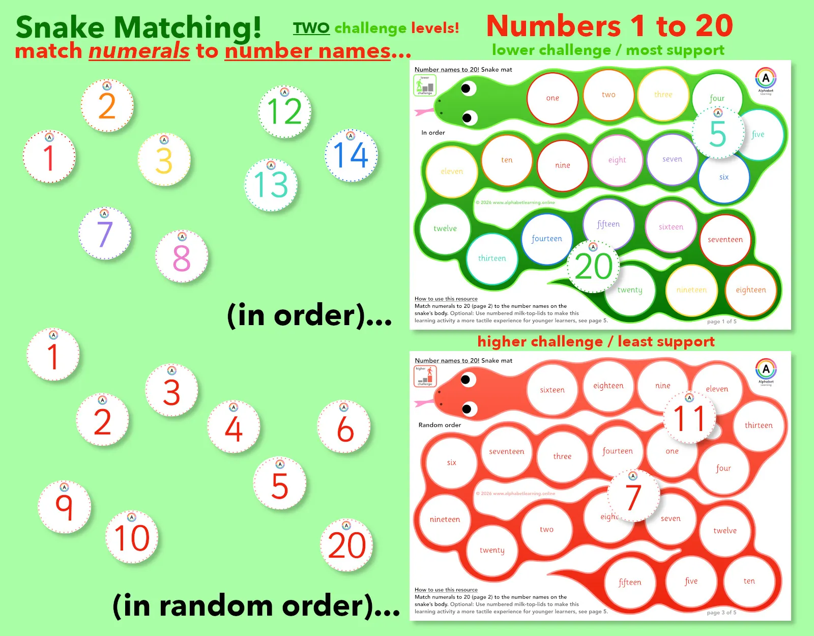 Snakes! Matching numerals (1-20) and number names (one to twenty) Two levels main preview