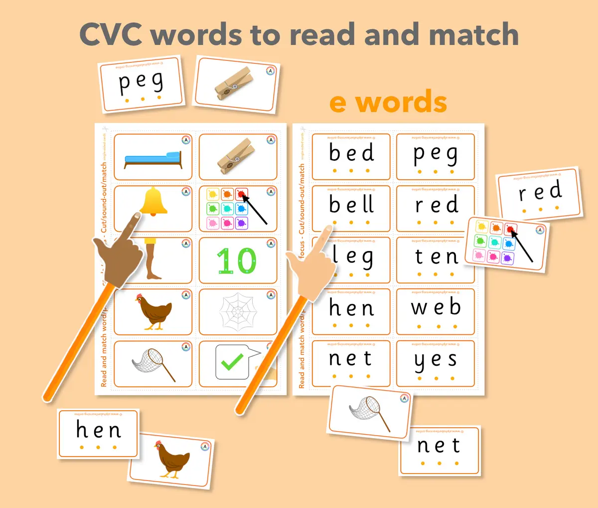 CVC words read and match - short e sound flashcards (ages 4-6) main preview