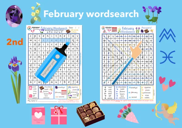 February themed word search worksheet (ages 5-7)