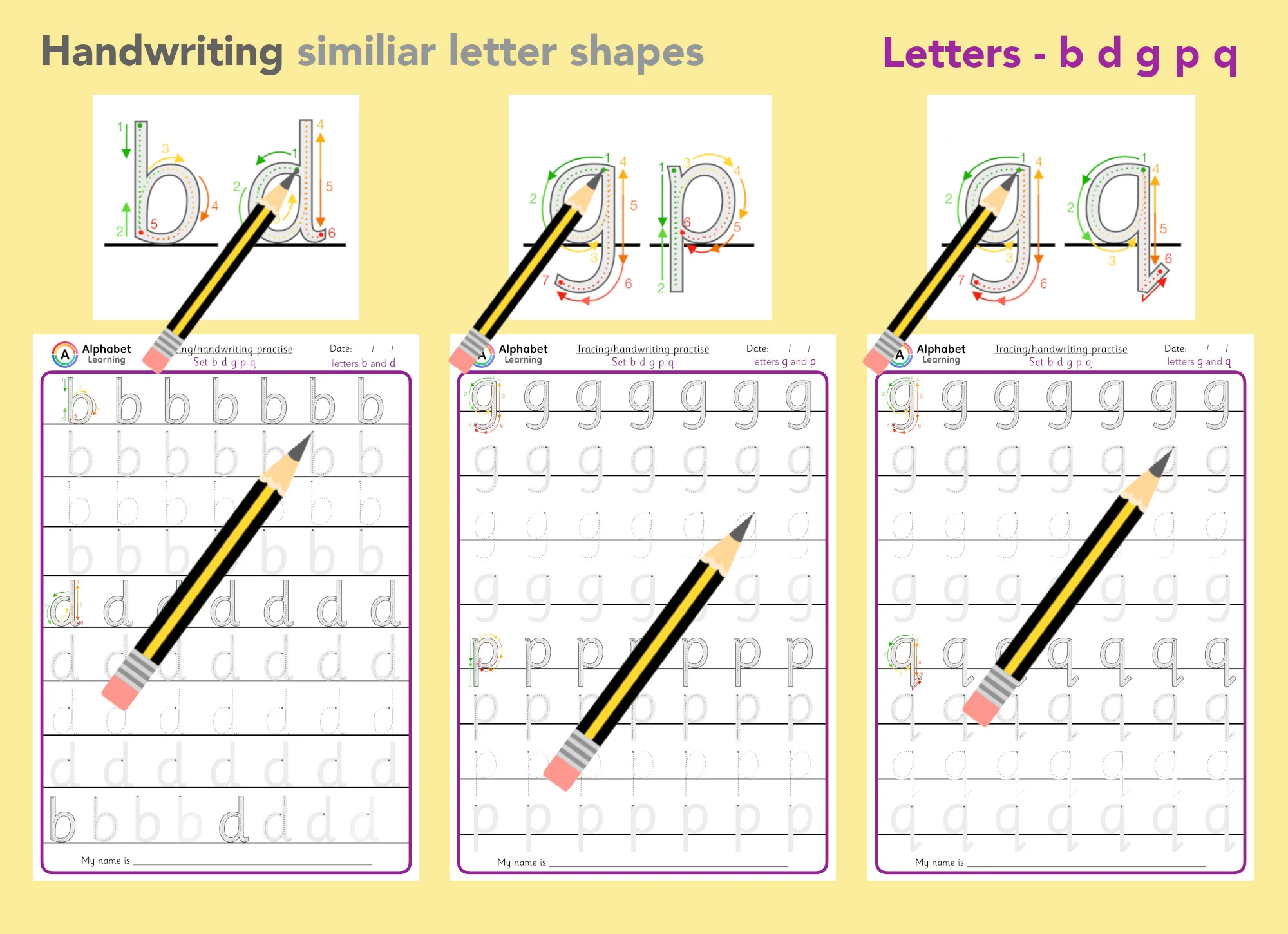 Correct Handwriting similar letters - b d g p q