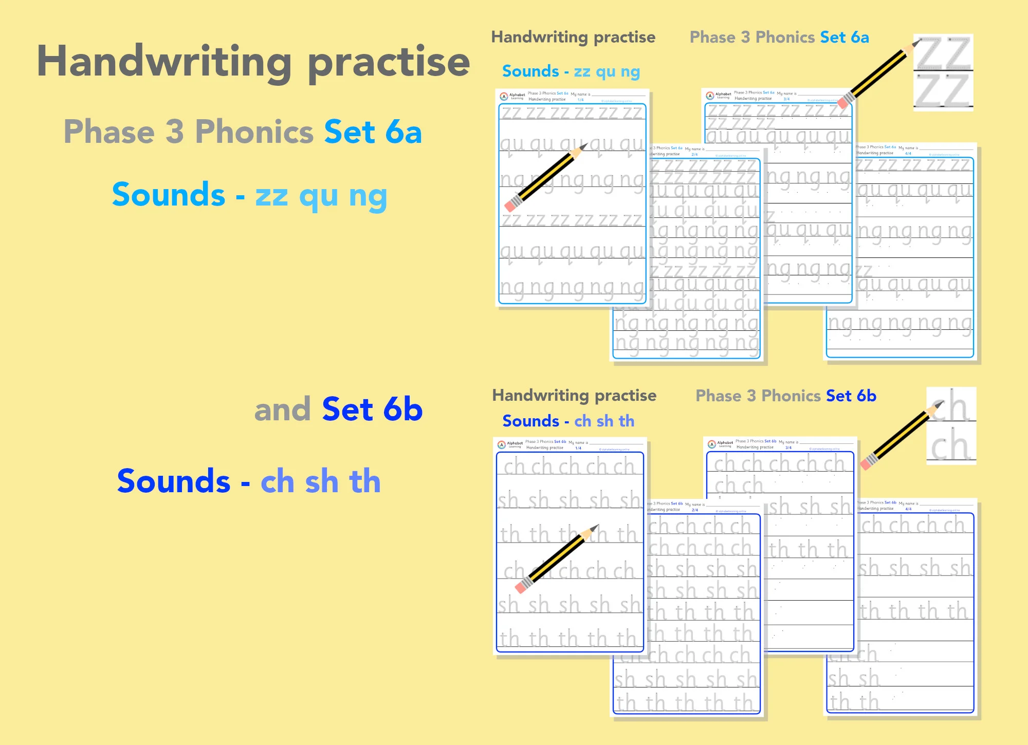 Handwriting Phase 3 Phonics zz qu ng ch sh th (Set 6)
