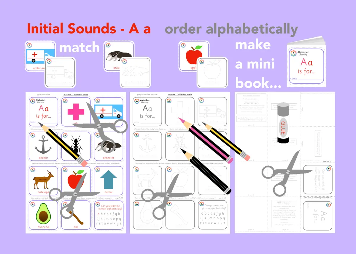 A is for... letter 'a' initial sounds - alphabet cards and mini book activity printable resource (Ages 3-6) main preview