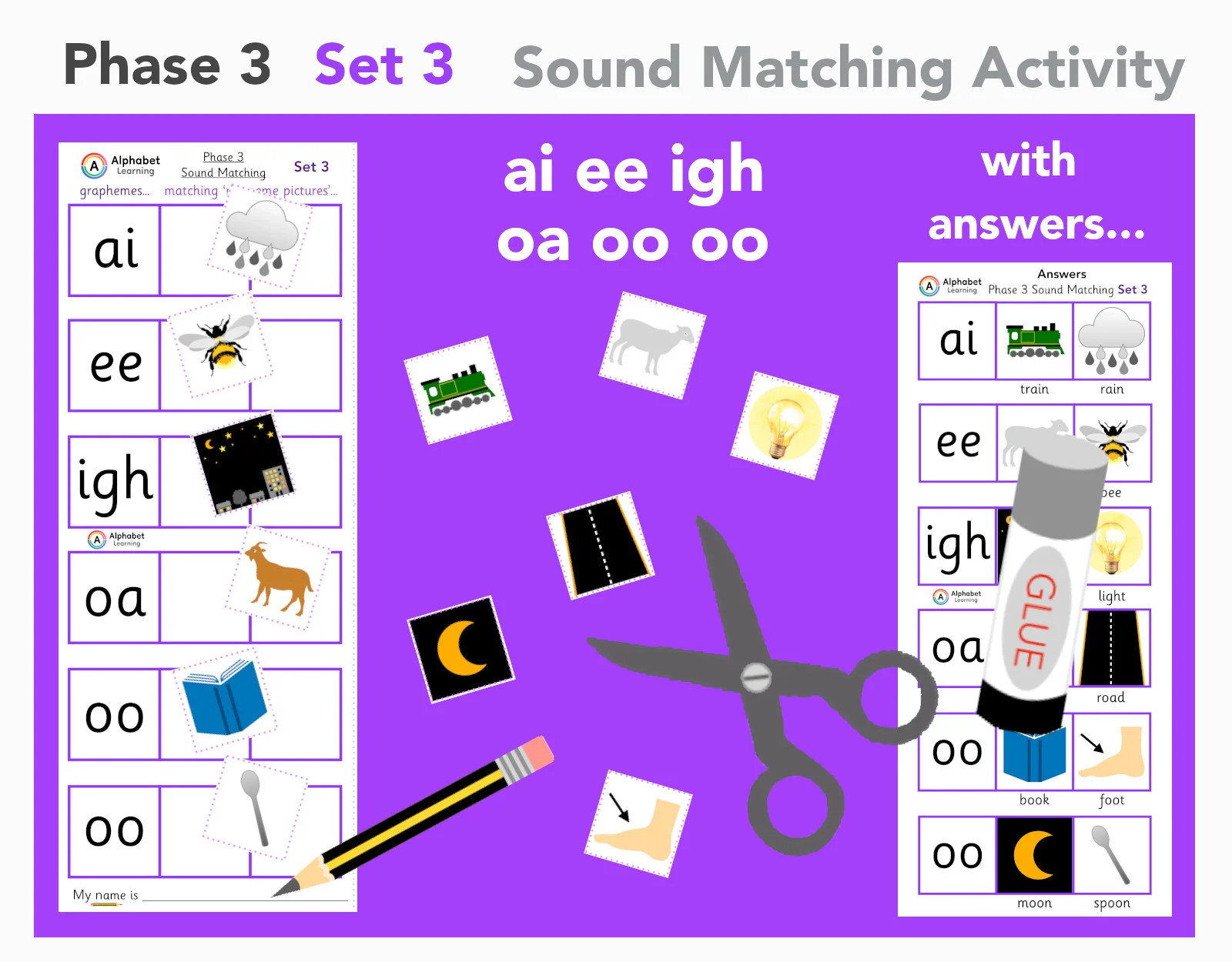 Phase 3 Phonics ai ee igh oa oo oo (set 3 of 5)