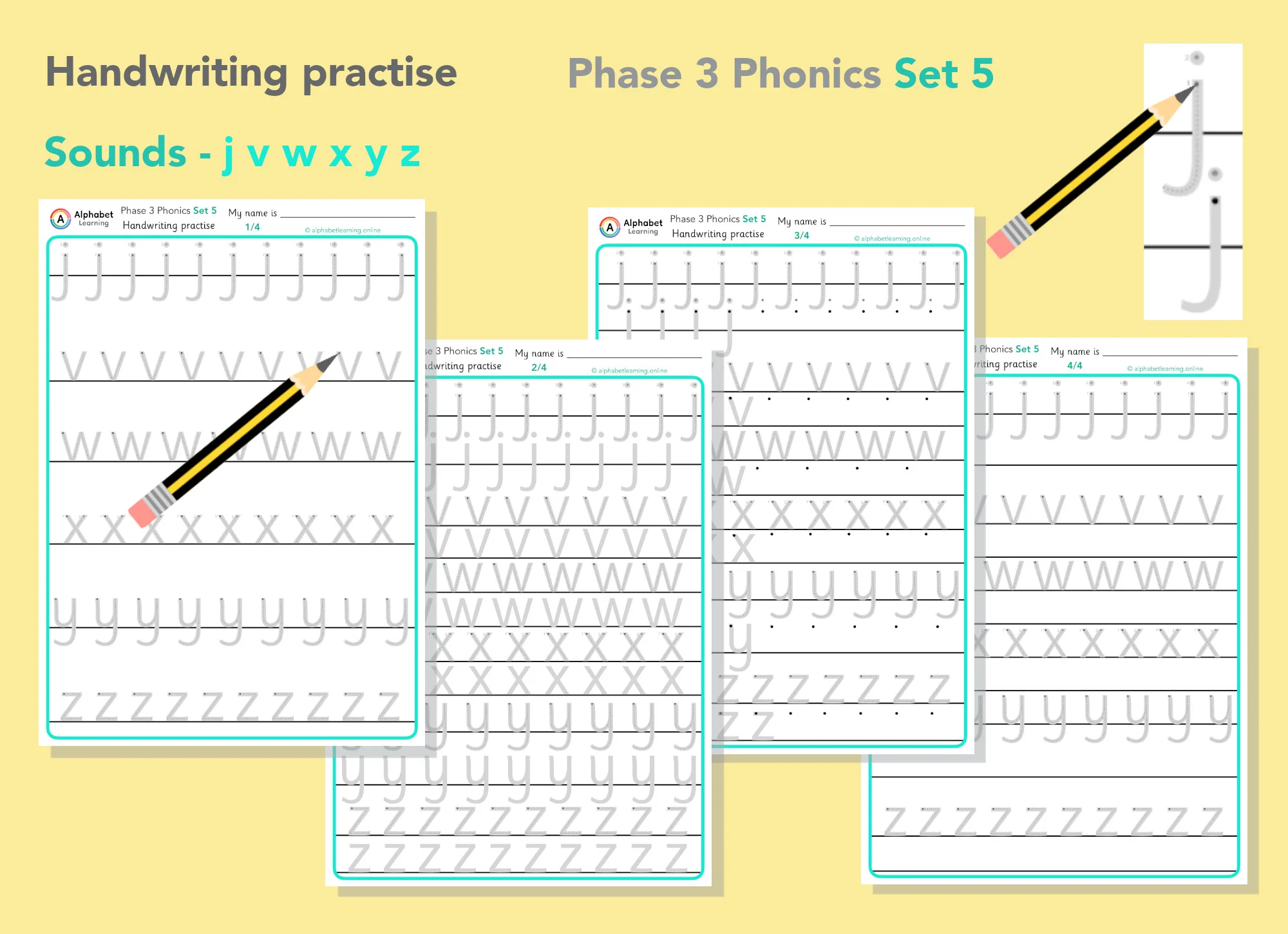 Handwriting Phase 3 Phonics j v w x y z (Set 5)
