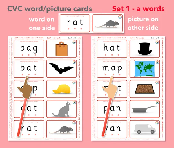 CVC word and picture cards double-sided set 1 'a' words (ages 4-6)