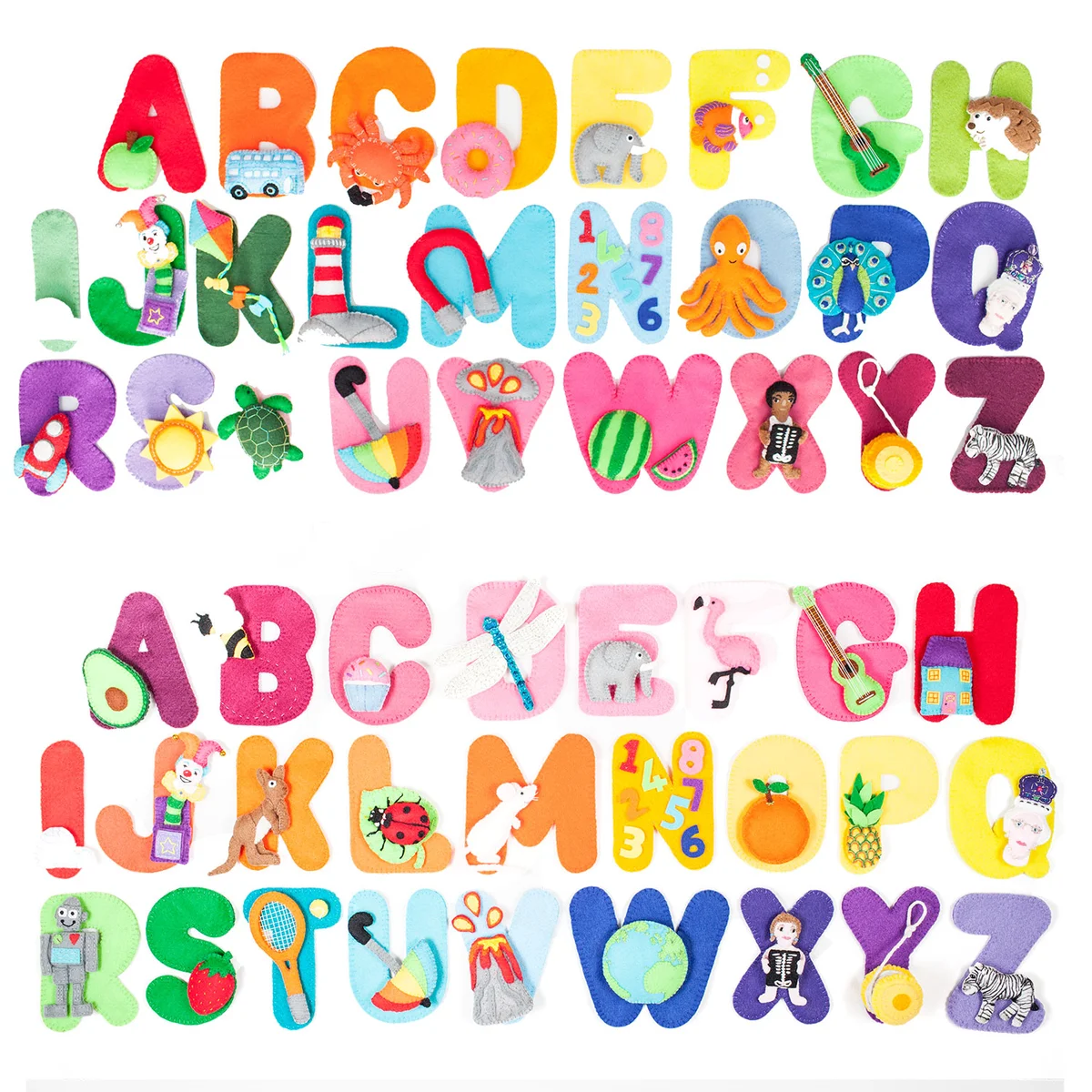 Two rainbow themed hand sewn felt alphabet letters (A to Z), each paired with a small felt object matching its initial sound.