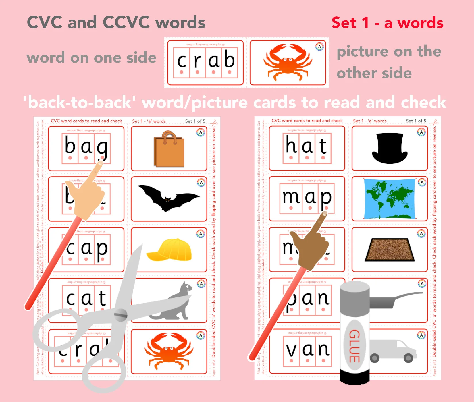 CVC 'a' word/picture cards - Double-sided (Set 1/5)