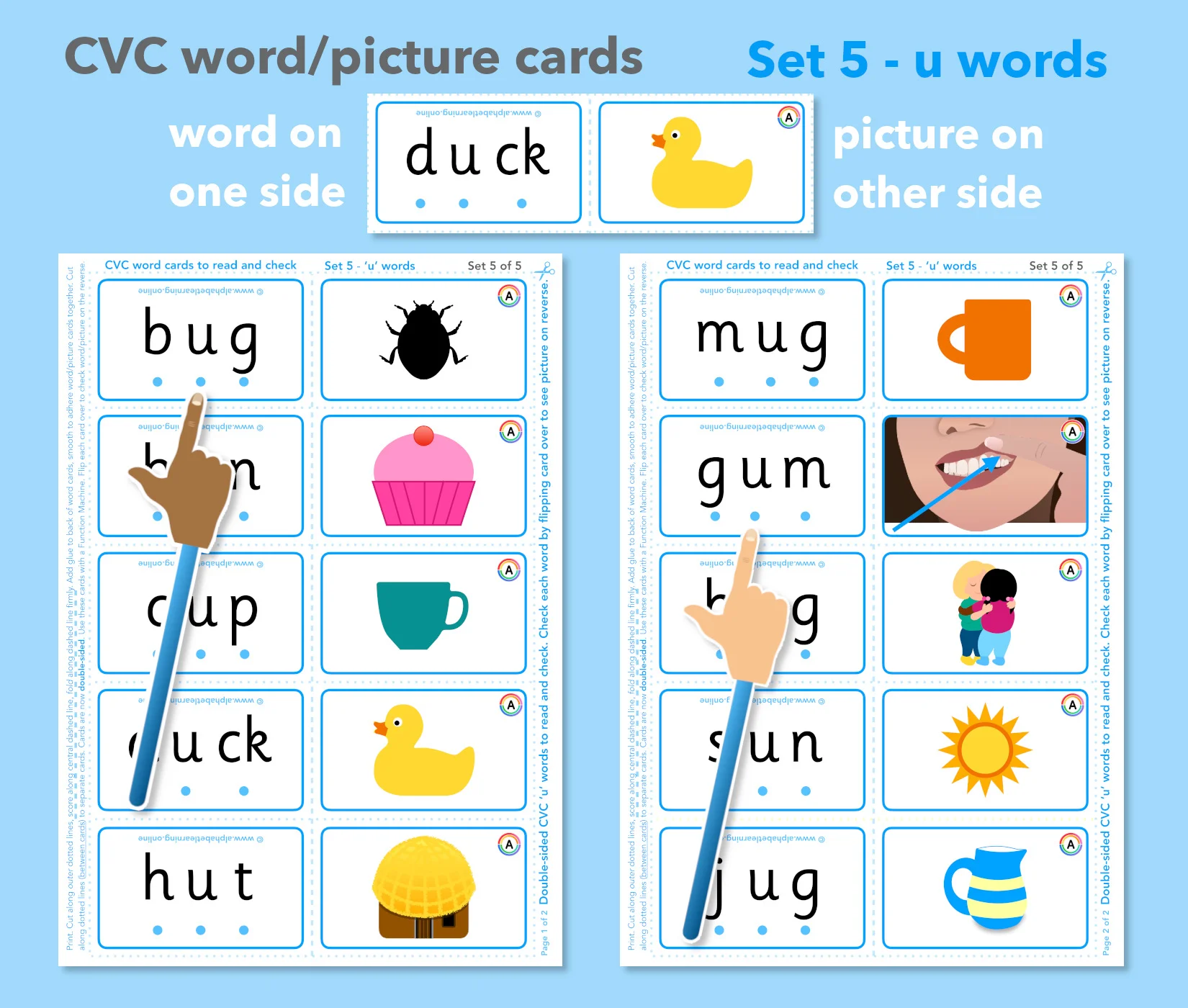 CVC 'u' word/picture cards - Double-sided (Set 5 of 5)