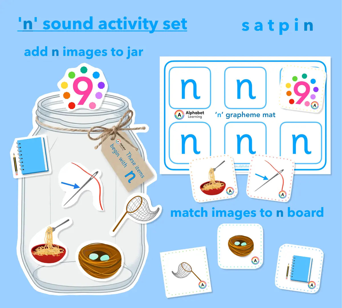 Satpin Phonics Resource: Initial Letter N Jars, Matching Cards, and Grapheme Mats for EYFS and KS1 main preview