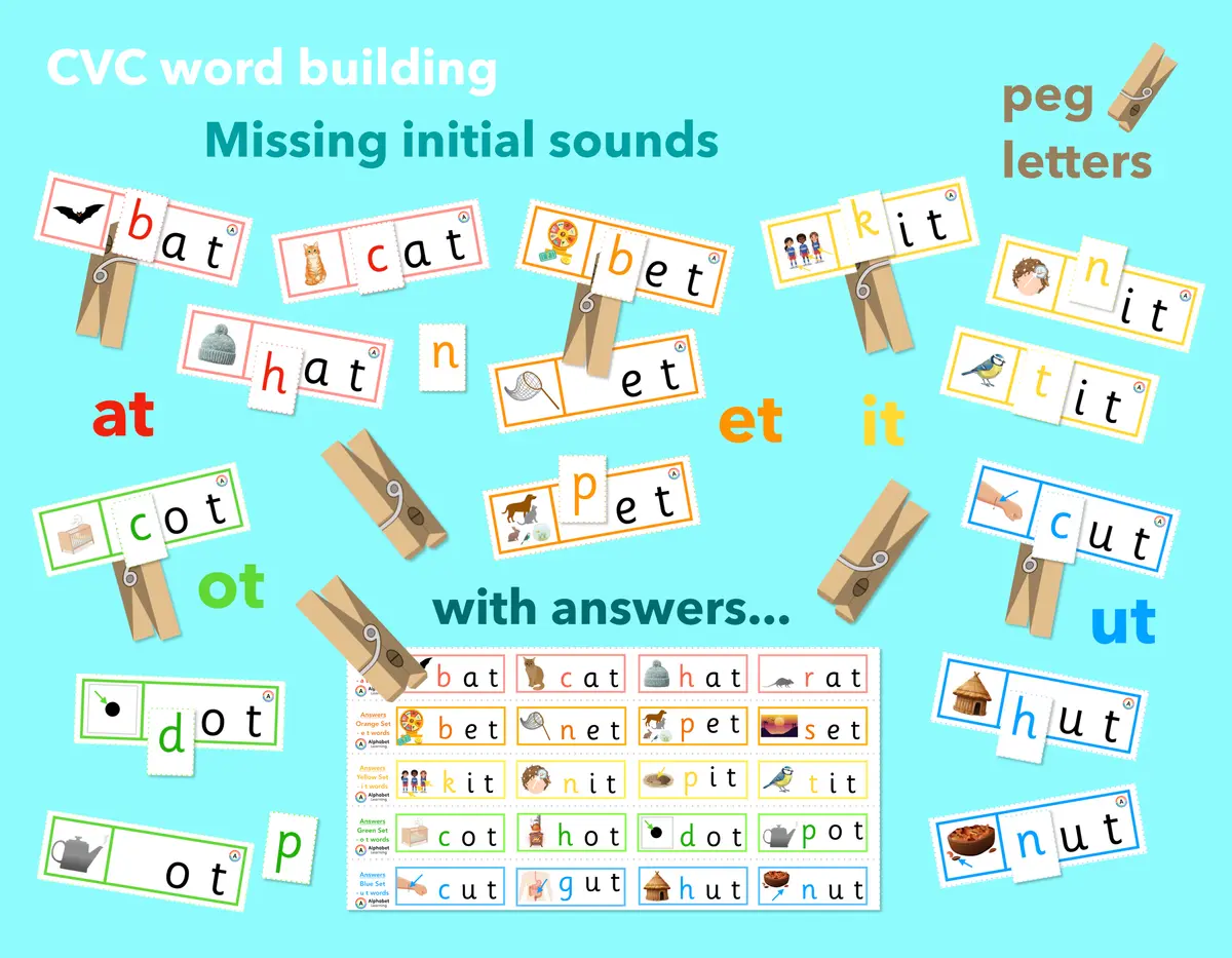 CVC word building missing initial sounds phase 2 phonics activity peg cards (ages 4-6) main preview