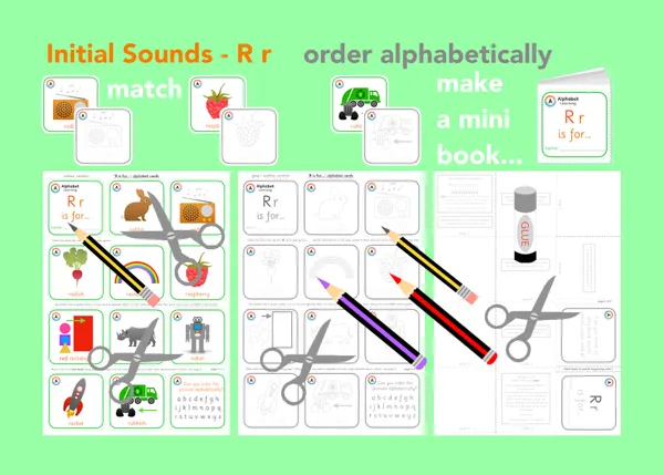 R is for... letter 'r' initial sounds - alphabet cards and mini book activity printable resource (Ages 3-6)