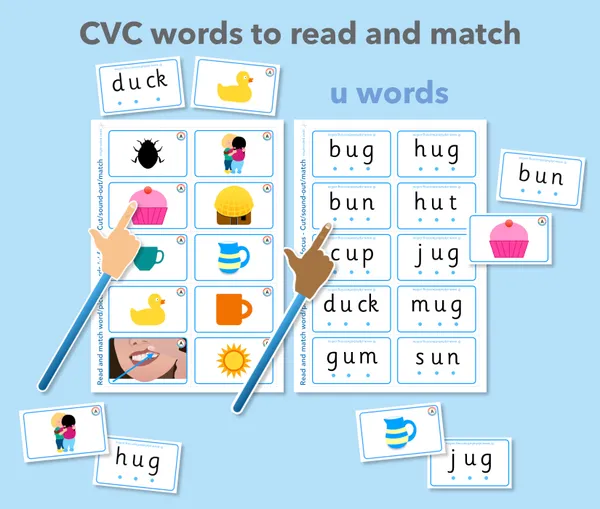 CVC words read and match - short u sound flashcards (ages 4-6)