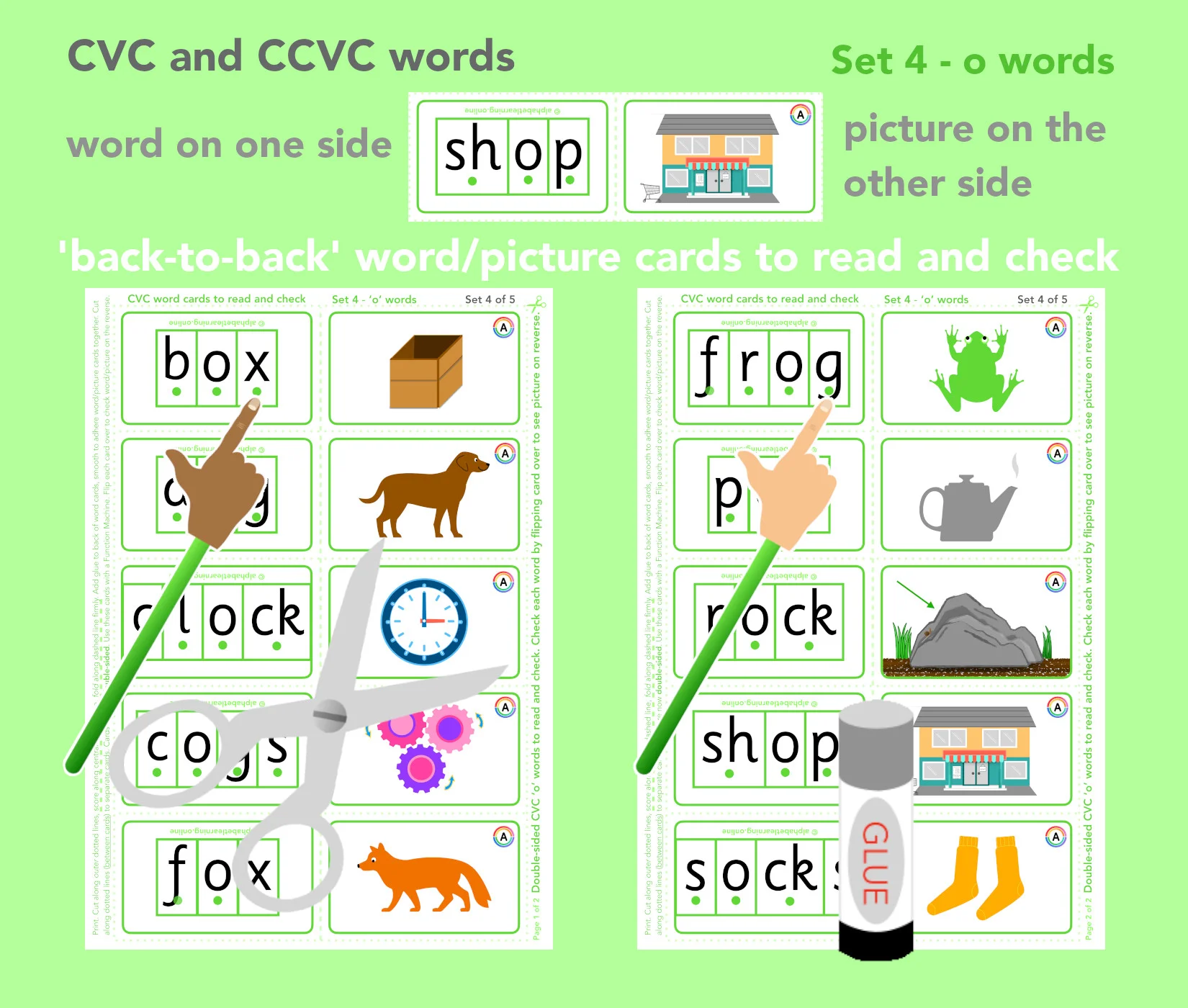 CVC 'o' word/picture cards - Double-sided (Set 4/5)