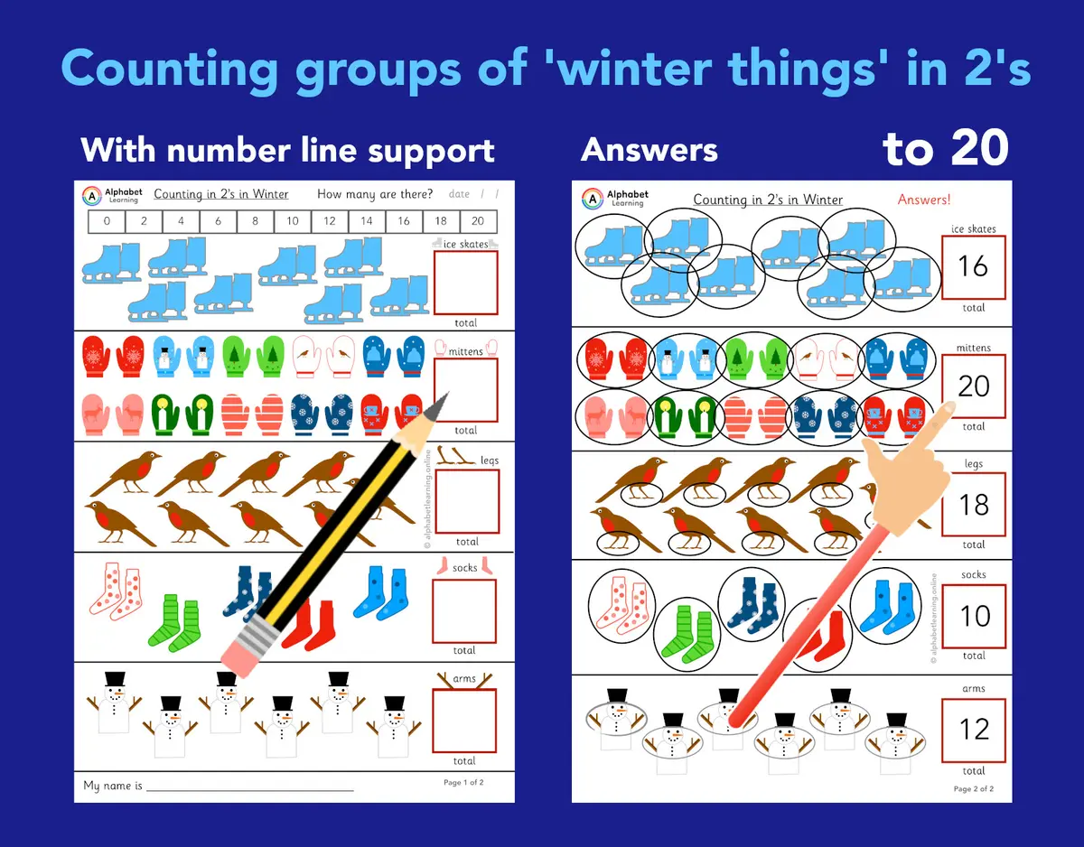 Counting groups of objects in 2’s (to 20) In Winter (with Answers) main preview