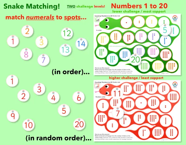 Snakes! Numerals 1-20 Count dots and match (Two levels)